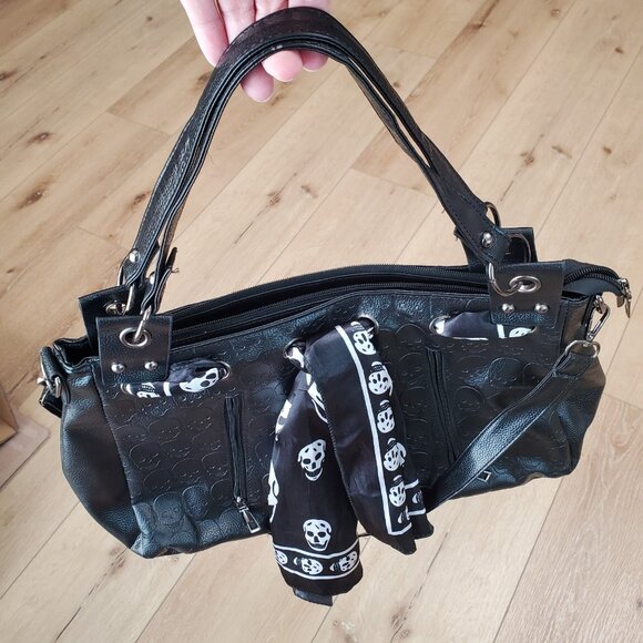 Skull Handbag Gothic Satchel Shoulder Crossbody Bag Black Purse Scarf Halloween - Picture 6 of 16